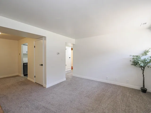 Wall-to-wall carpeting throughout, clean white walls, and bright overhead lighting
