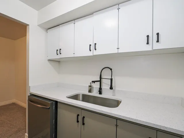 Modern kitchenette featuring white cabinetry with matte black hardware, a stainless steel undermount sink, black gooseneck faucet with pull-down spray, quartz countertop, and stainless steel appliances including a dishwasher