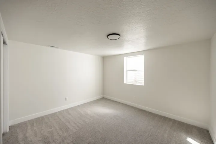Light gray carpeting, neutral wall color, and a window for natural illumination