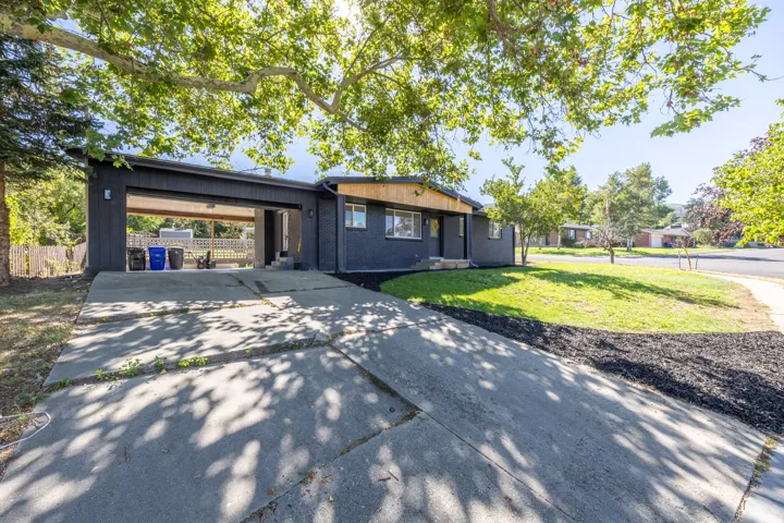 Modern exterior with dark-painted siding, a covered carport, and a concrete driveway