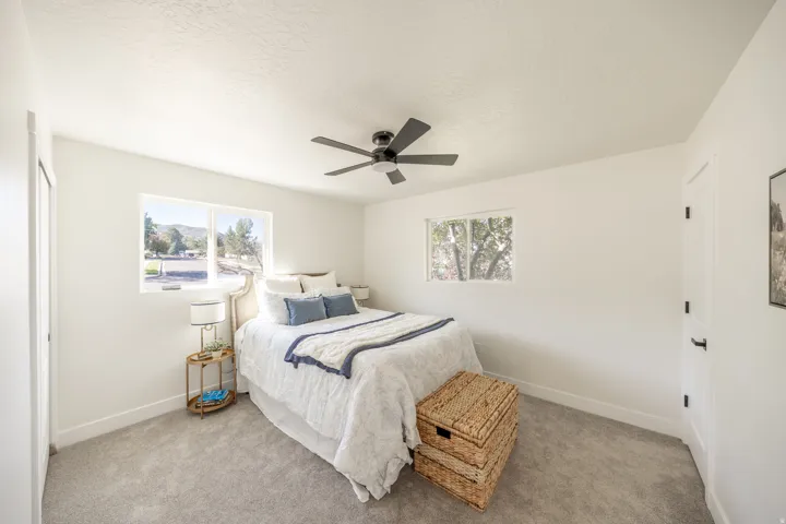 Carpeted flooring, white painted walls, ceiling fan, and multiple windows
