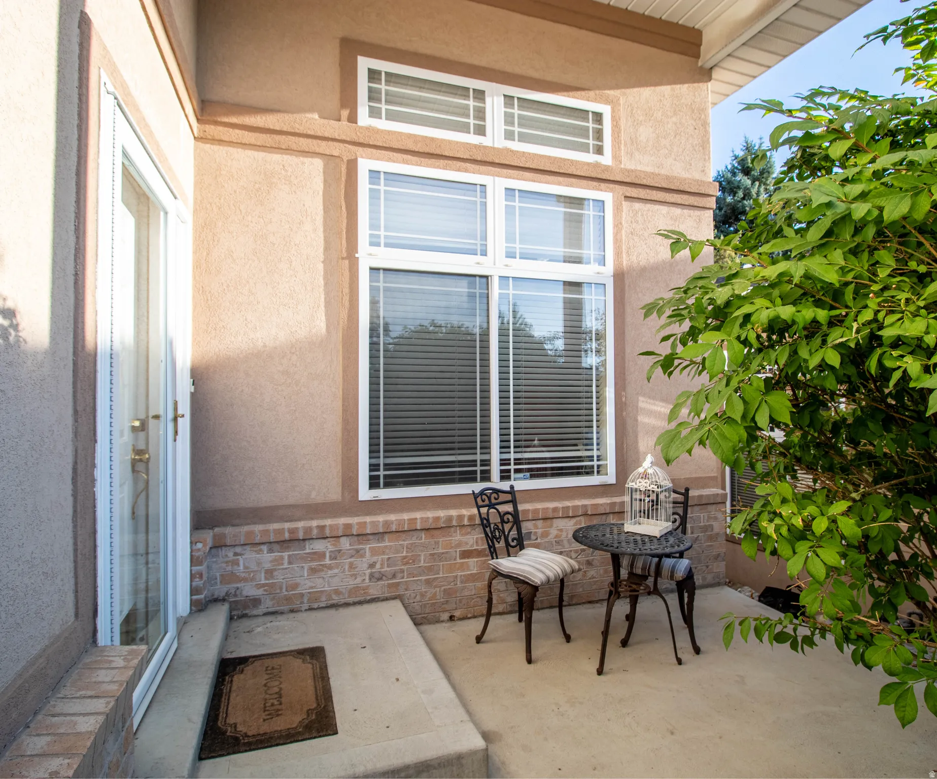 Front entry with a glass-paneled door, stucco exterior, and a concrete patio