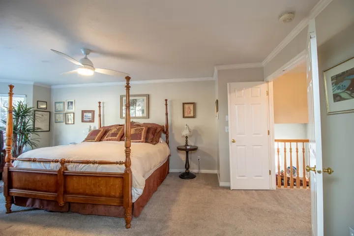 Recessed lighting, crown molding, ceiling fan, carpeted flooring, and a multi-paneled door