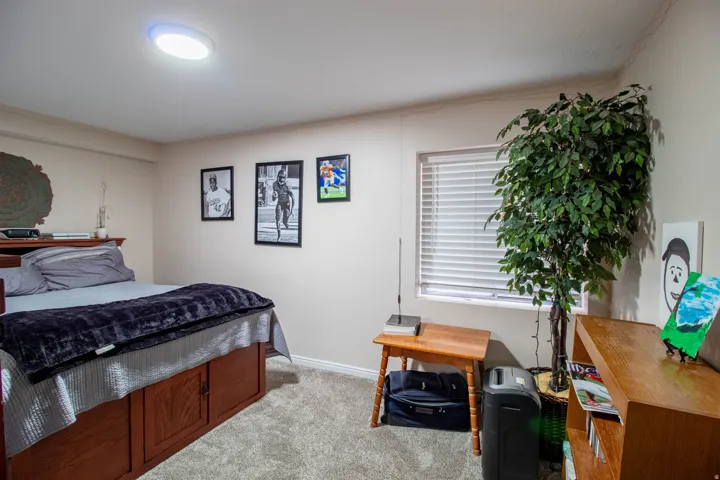 Recessed ceiling light fixture, window with blinds, light wall color, and carpeted flooring