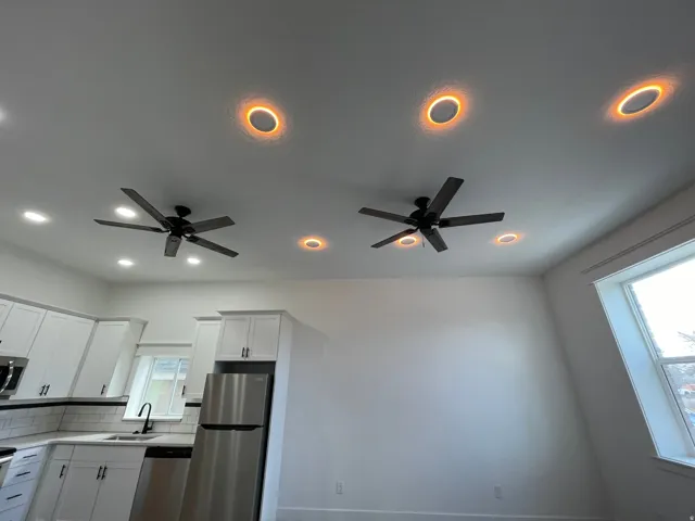 Unit A ceiling fans and recessed lighting