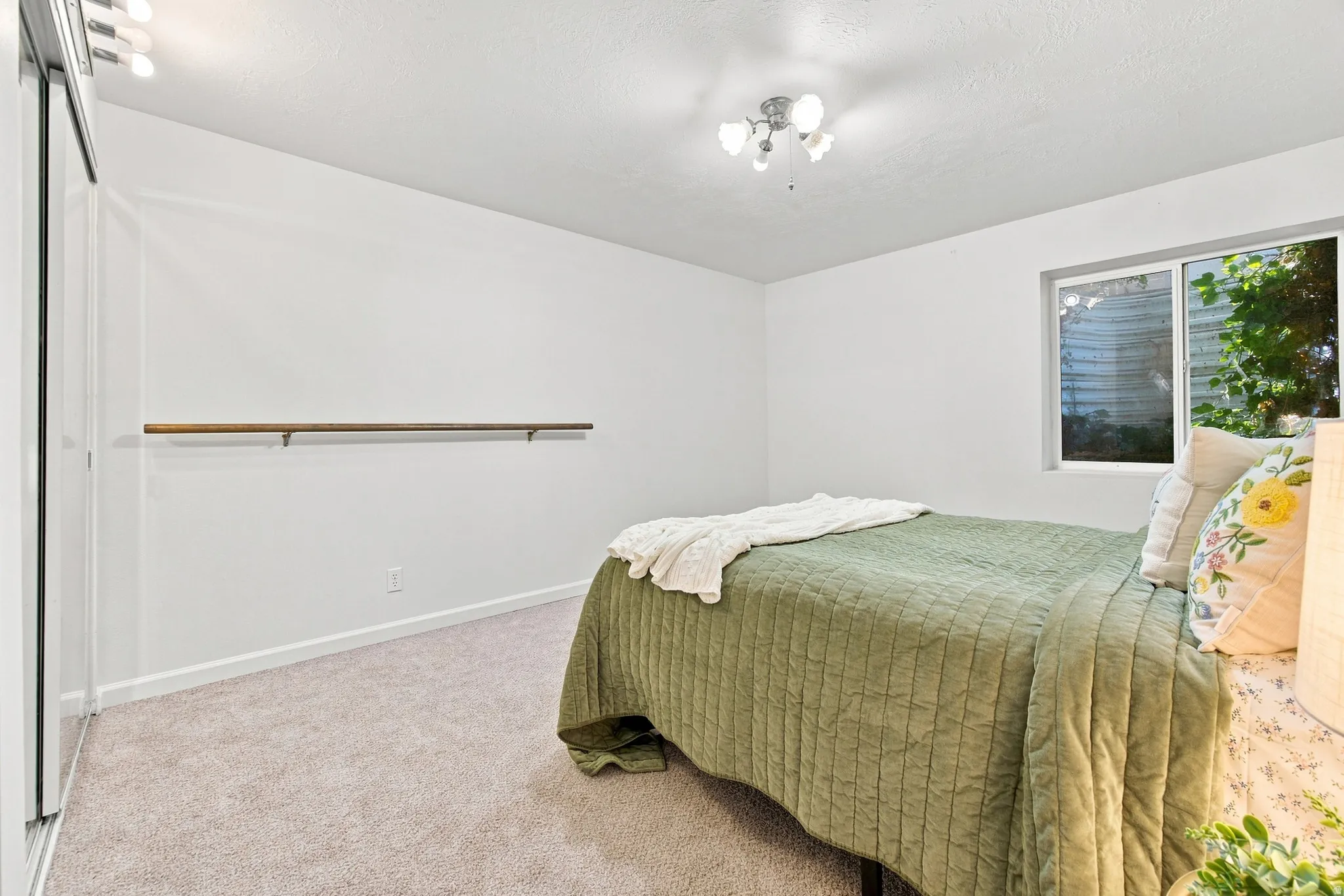 Built-in closet with sliding doors, neutral carpeting, window with outdoor scenery, recessed lighting, and a wall-mounted barre