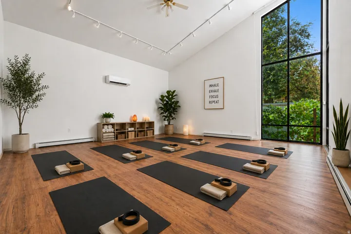 Vaulted ceiling featuring track lighting and a ceiling fan, wood-finish flooring, a full-height window, and a wall-mounted air conditioning unit