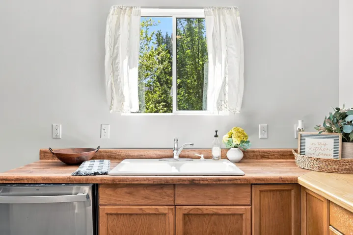 Built-in dishwasher, wood-finish countertops, undermount sink with chrome faucet, and wood cabinetry