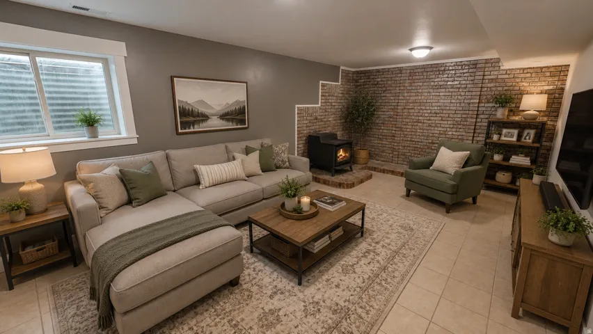 This is an Ai enhanced Photo. Tile flooring, exposed brick accent wall, built-in shelving, wood-burning stove, and recessed window