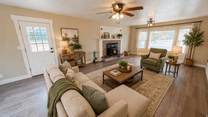 This is an Ai enhanced Photo. Spacious living area featuring wood-finish flooring, a brick fireplace with a wood stove insert, multiple window panes, and a ceiling fan