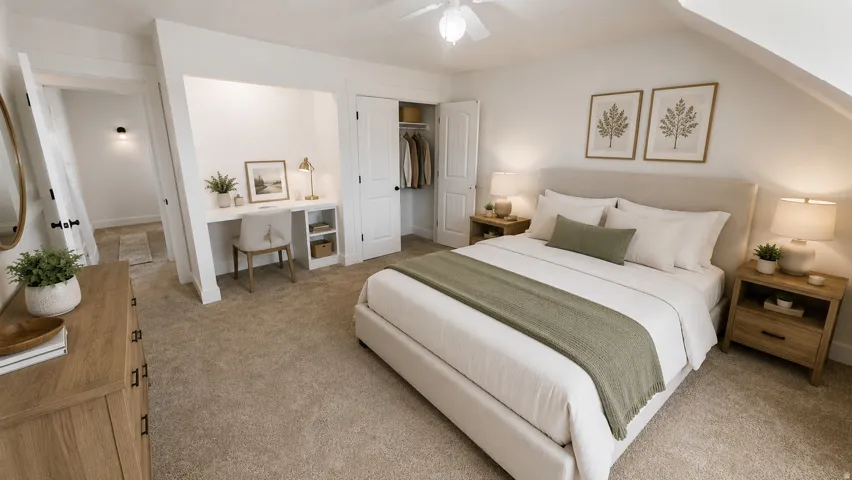 This is an Ai enhanced Photo. Integrated built-in desk, plush carpet flooring, white paneled doors, and a ceiling fan