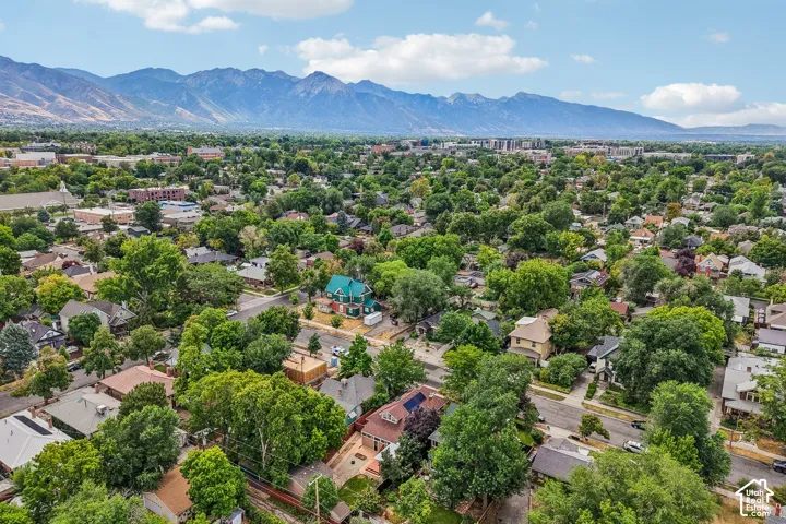 Expansive residential area with a prominent mountain backdrop and abundant mature trees