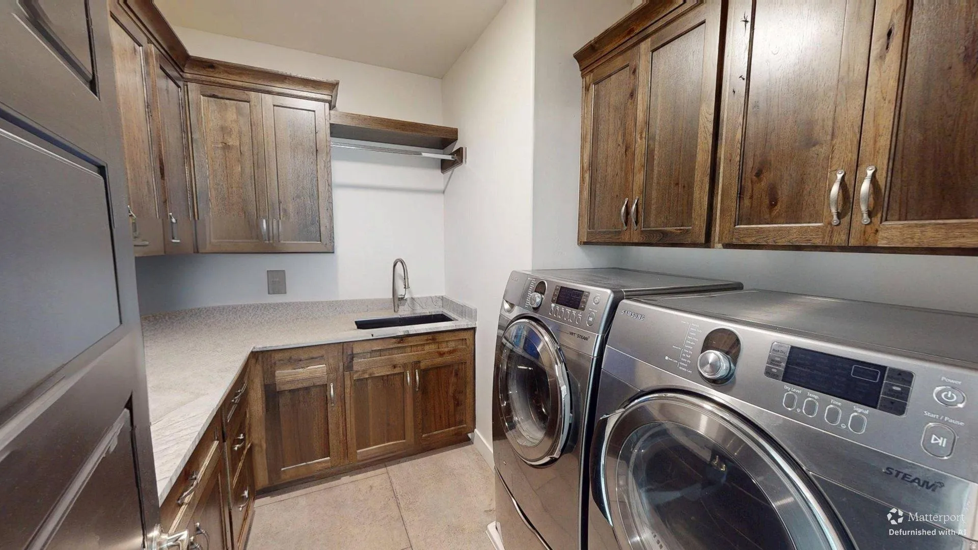 This is an Ai enhanced Photo. Custom cabinetry, light-toned countertop, built-in sink, and integrated hanging rod