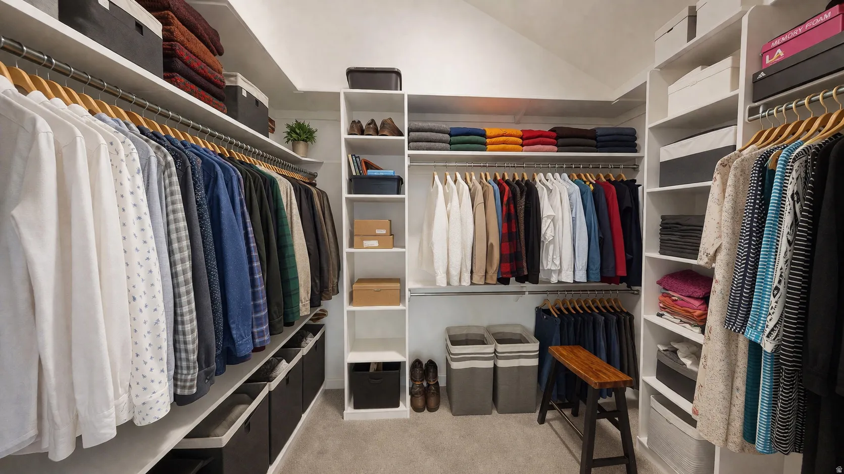 This is an Ai enhanced Photo. Custom closet system featuring extensive hanging rods, multiple shelving units, and integrated drawer storage