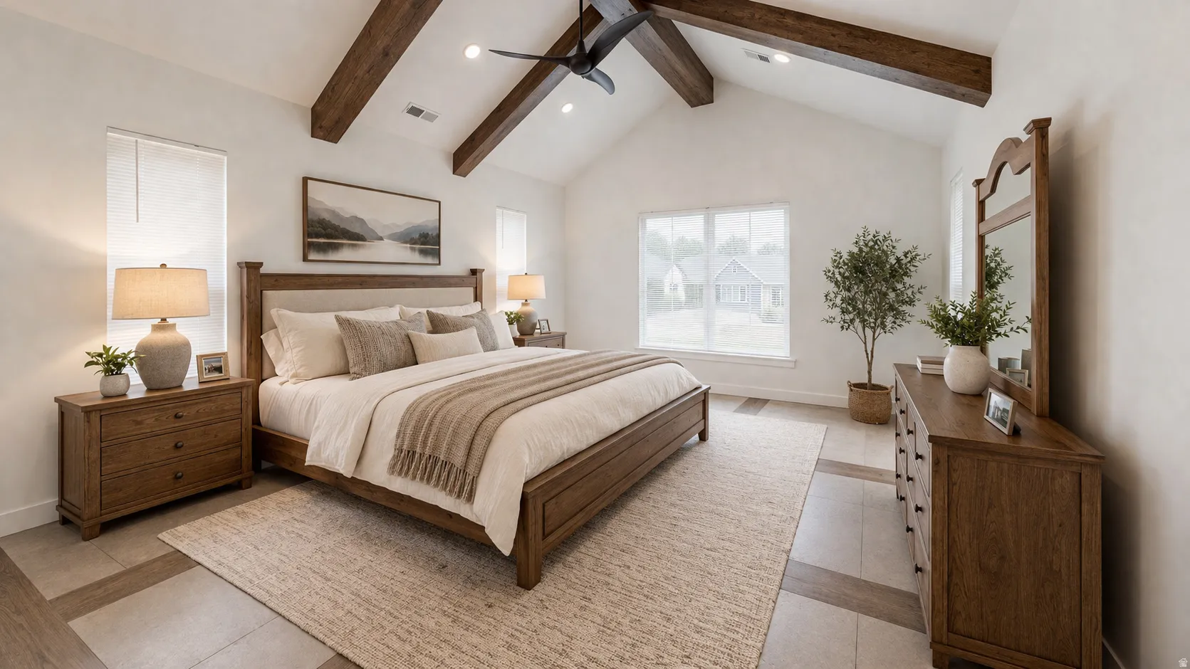 This is an Ai enhanced Photo. Vaulted ceiling with exposed wood beams, ceiling fan, recessed lighting, expansive windows, and mixed-material flooring