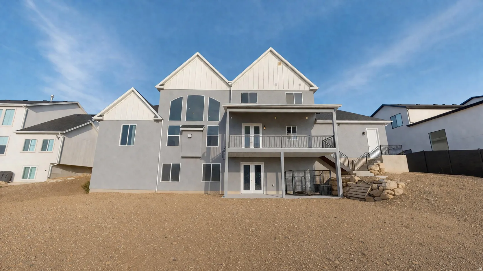 This is an Ai enhanced Photo. Contemporary exterior with multiple gabled sections and varied window configurations