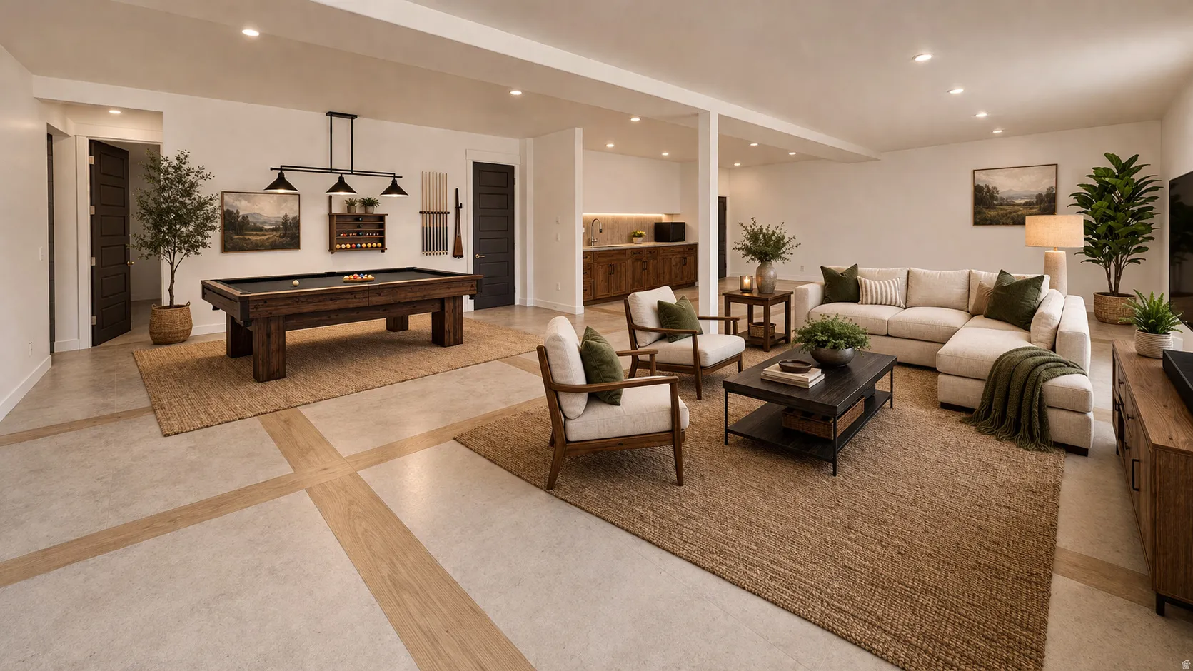 This is an Ai enhanced Photo. Open-concept living space with a wet bar, recessed lighting, and mixed flooring featuring concrete and wood-finish accents