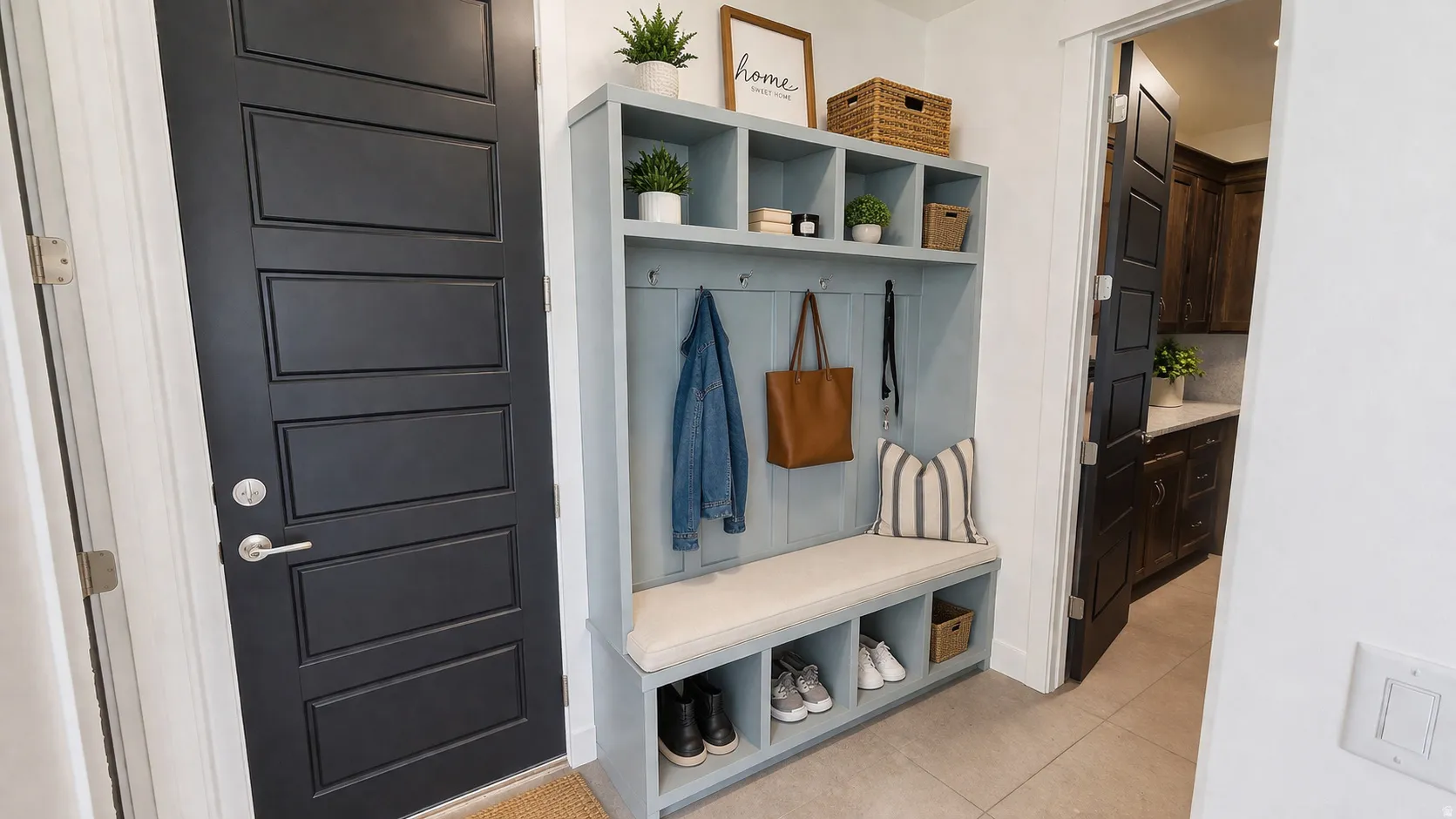 This is an Ai enhanced Photo. Light blue built-in storage bench with cubbies, hooks, and an upholstered seat