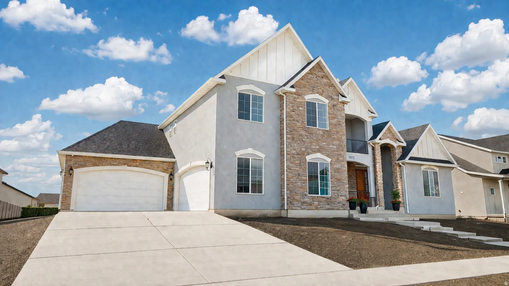 This is an Ai enhanced Photo. Two-story residential exterior with a stone and stucco facade, an attached garage, a paved driveway, and a covered entry