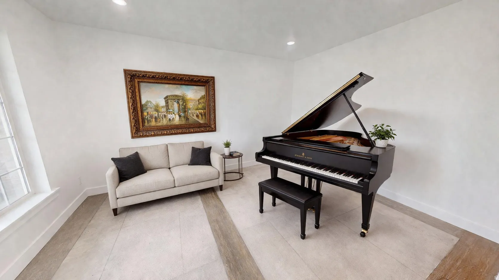 Recessed lighting illuminating the room, featuring light-toned flooring with wood-finish inlay