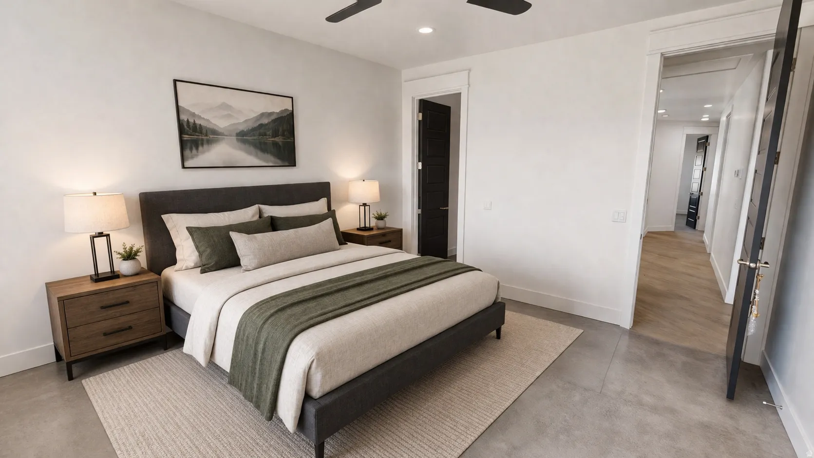 This is an Ai enhanced Photo. Recessed lighting, ceiling fan, solid core doors, and wide baseboards