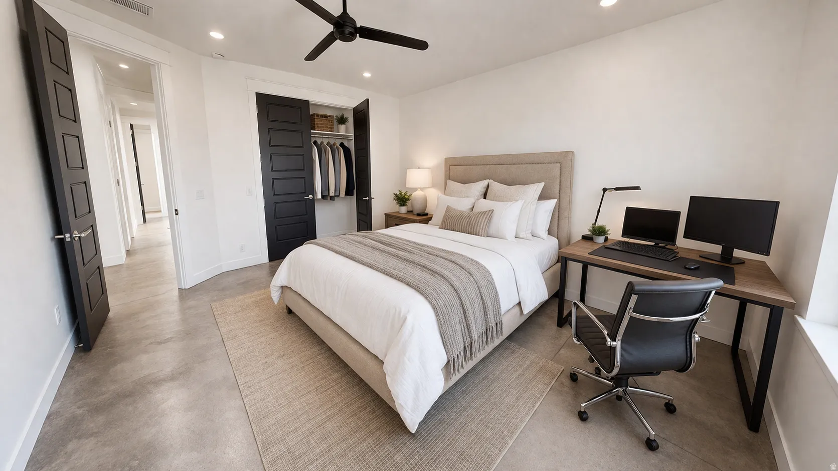 This is an Ai enhanced Photo. Concrete-finish flooring, recessed lighting, and a ceiling fan