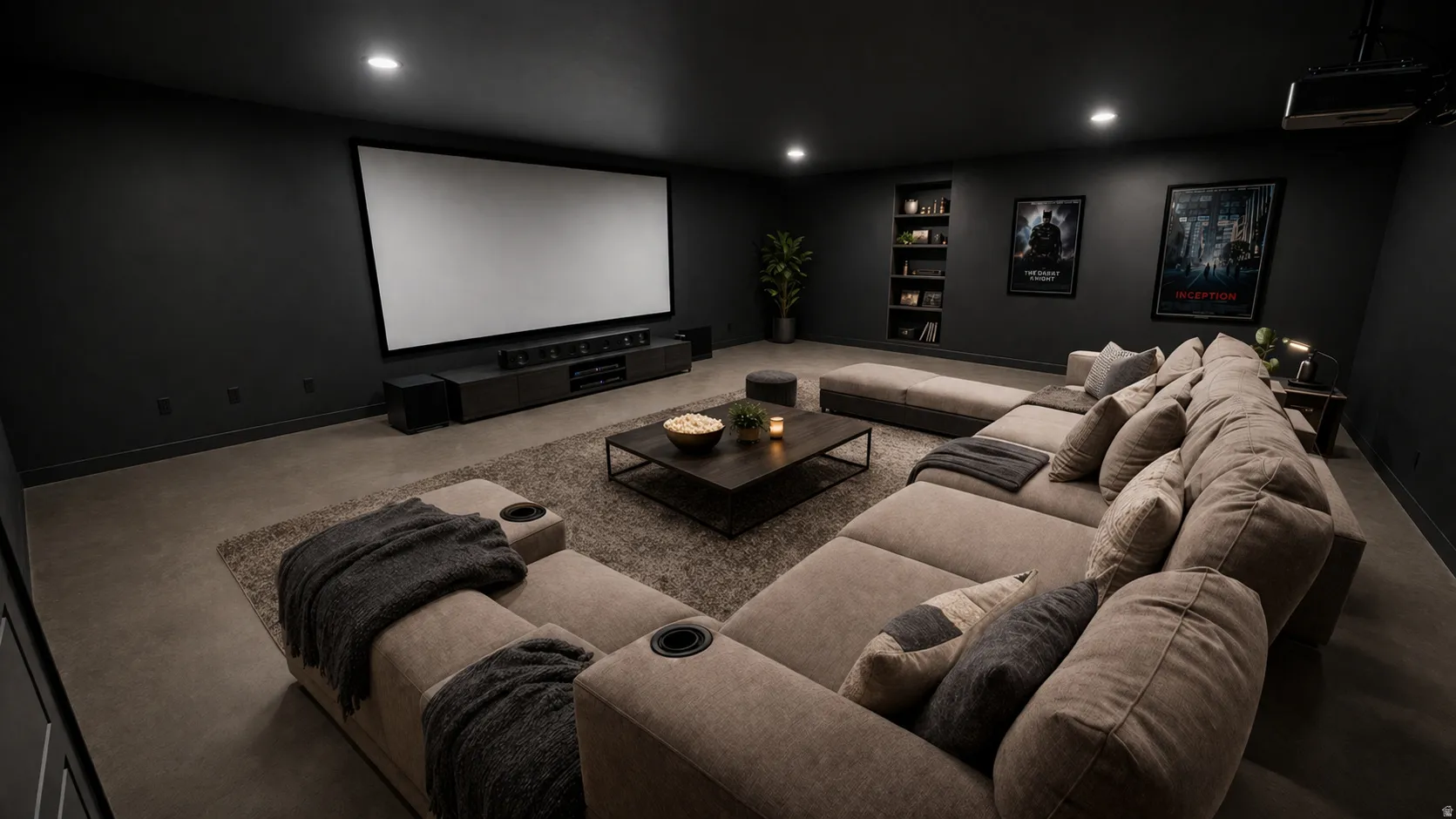 This is an Ai enhanced Photo. Dedicated media room featuring a large projection screen, recessed lighting, built-in shelving, and dark-toned walls