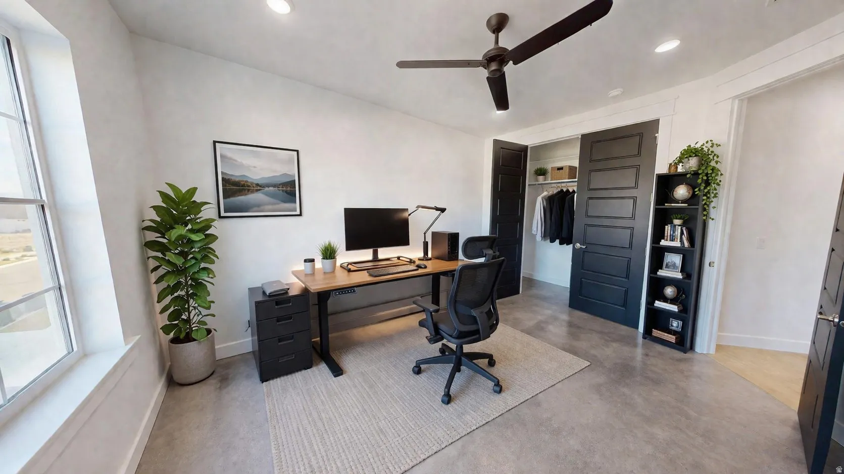 This is an Ai enhanced Photo. Vaulted ceiling with recessed lighting and ceiling fan, large window, built-in closet with dark paneled doors, and light-toned flooring