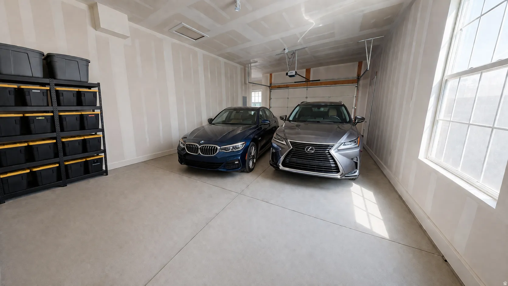 This is an Ai enhanced Photo. Spacious garage with exposed drywall, concrete flooring, and an overhead garage door