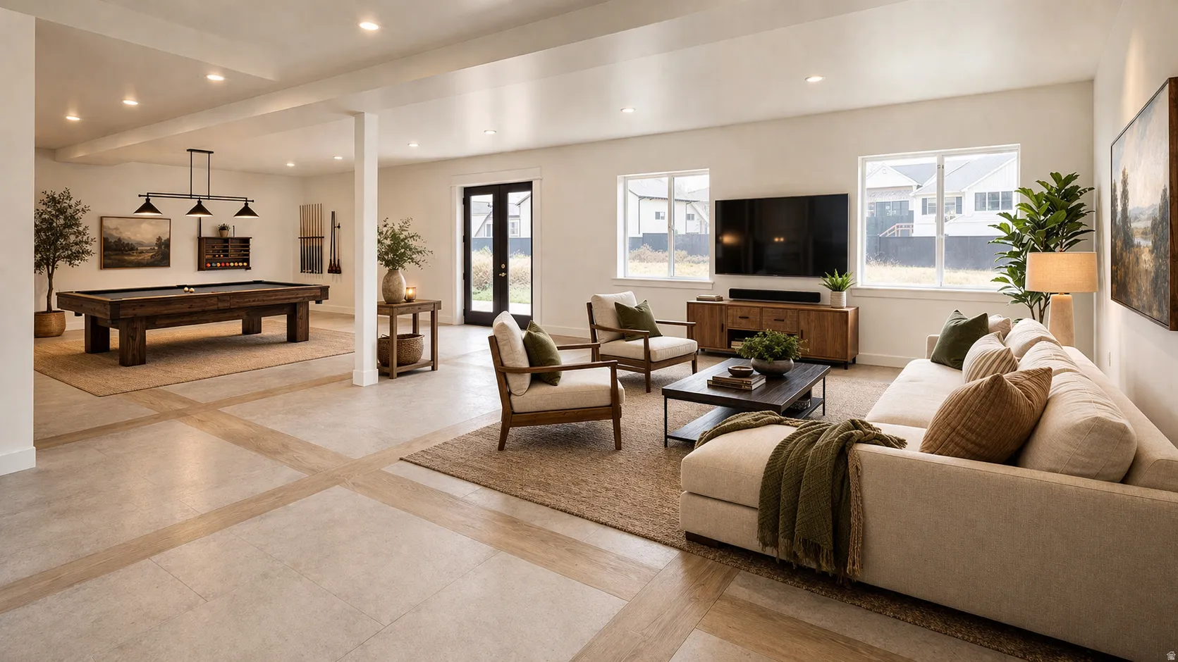This is an Ai enhanced Photo. Open-concept living space featuring recessed lighting, a dark wood-finish door, and large windows