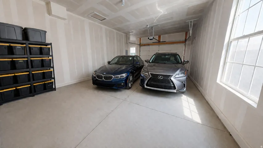 This is an Ai enhanced Photo. Spacious garage with exposed drywall, concrete flooring, and an overhead garage door