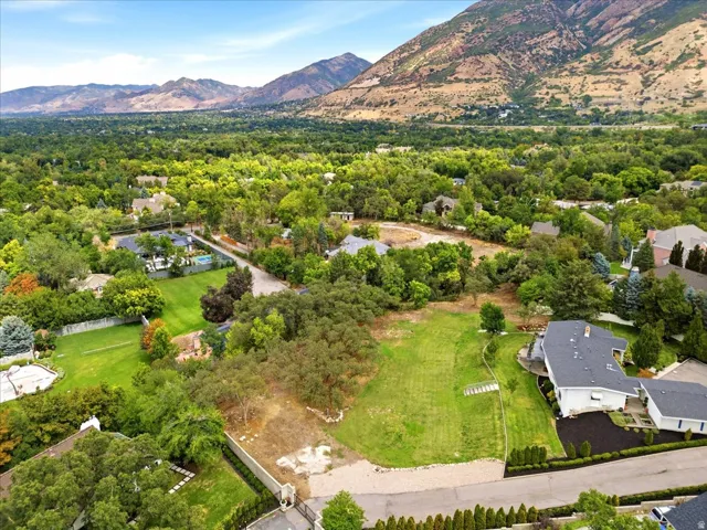 Aerial view showcasing the secluded Oakcrest Lane setting surrounded by mature trees near the Wasatch Mountains.