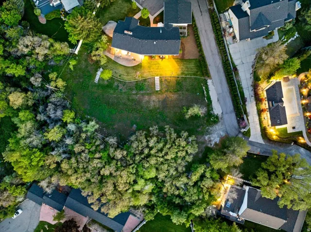 Overhead aerial showcasing the home, mature tree canopy, and secluded setting at the end of Oakcrest Lane.