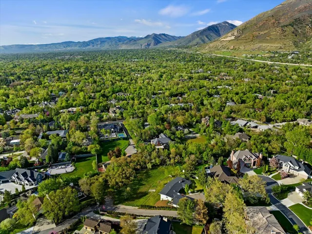 Aerial view showing the lot’s setting among the mature trees and established homes of Holladay.