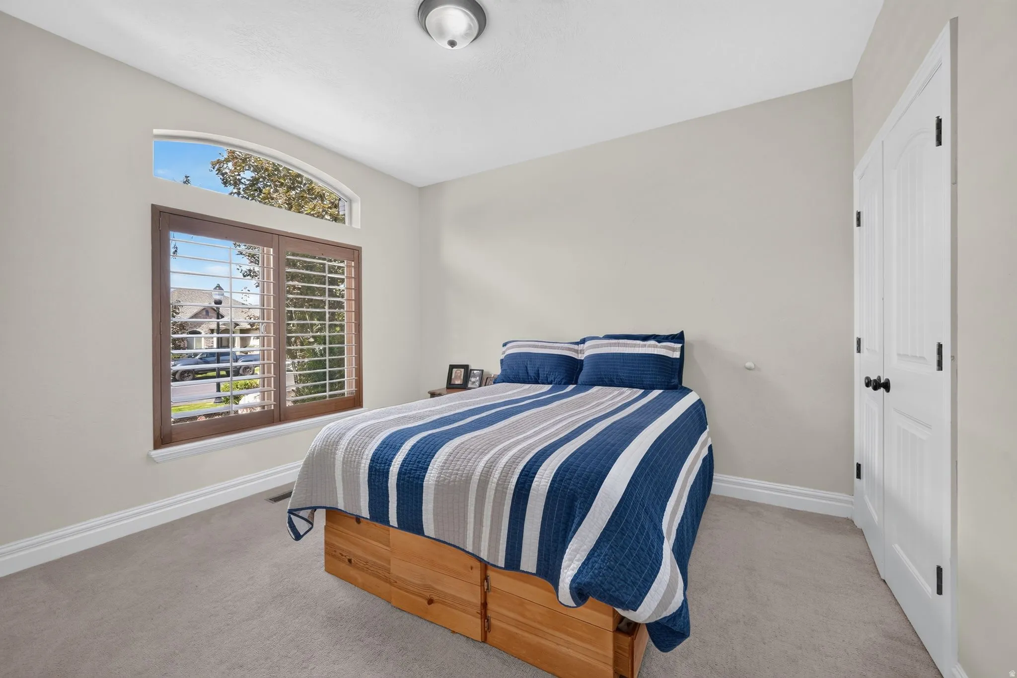 Arched transom window with plantation shutters, wood-frame window, neutral wall paint, ceiling-mounted light fixture, and carpeted flooring