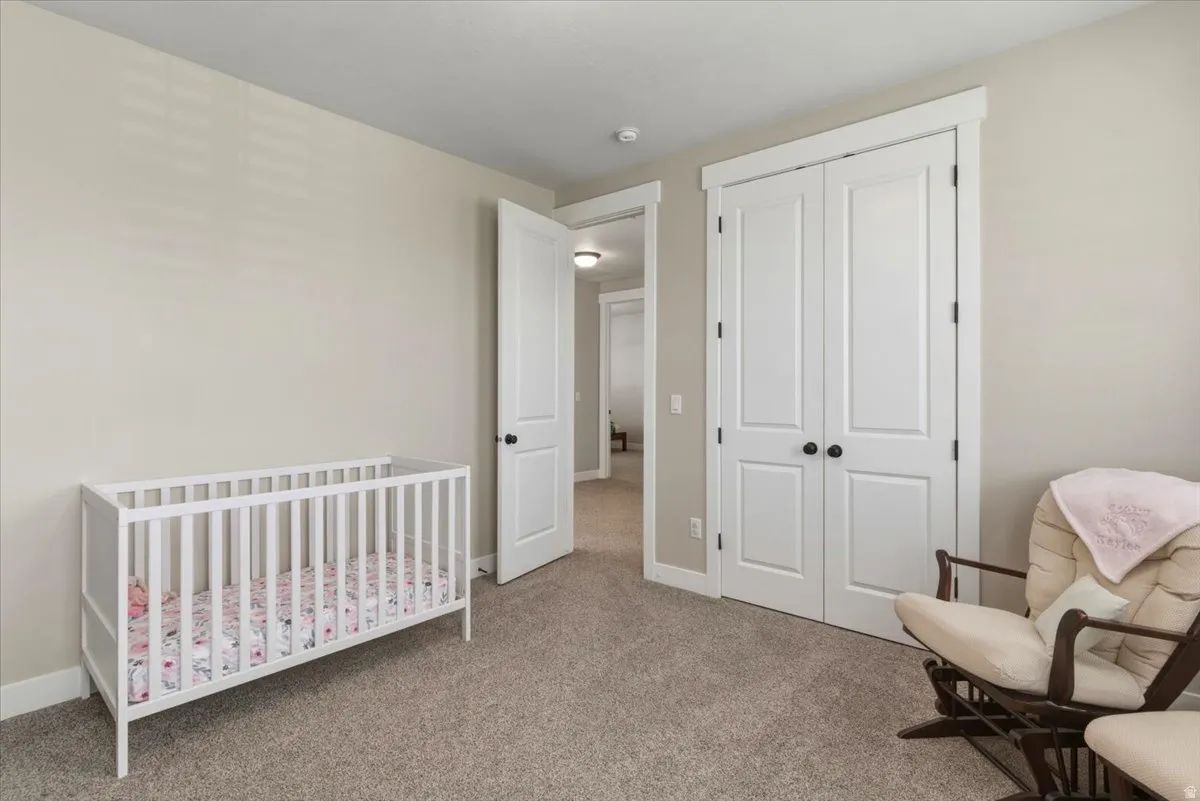 Neutral-toned walls, plush carpeting, white trim work, and white paneled doors with dark hardware