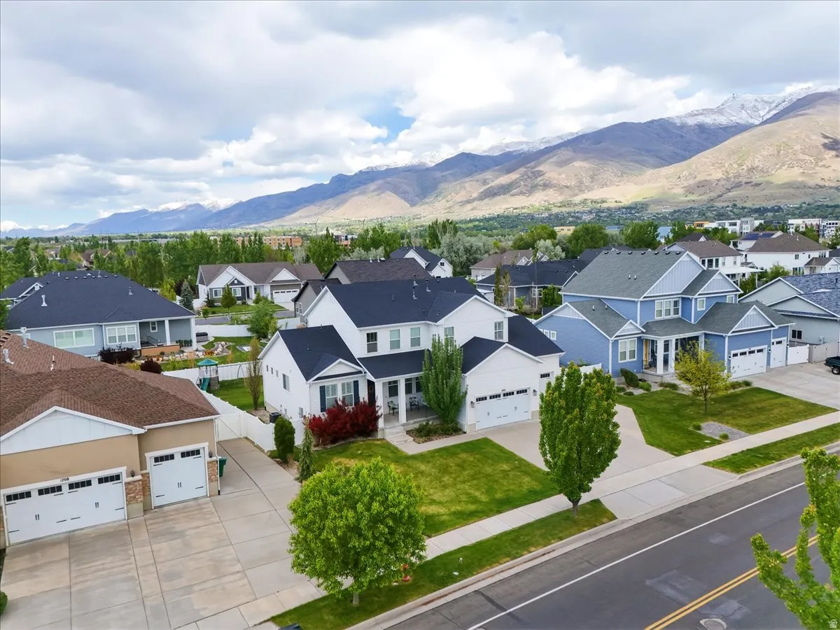 Residential neighborhood with a prominent mountain backdrop