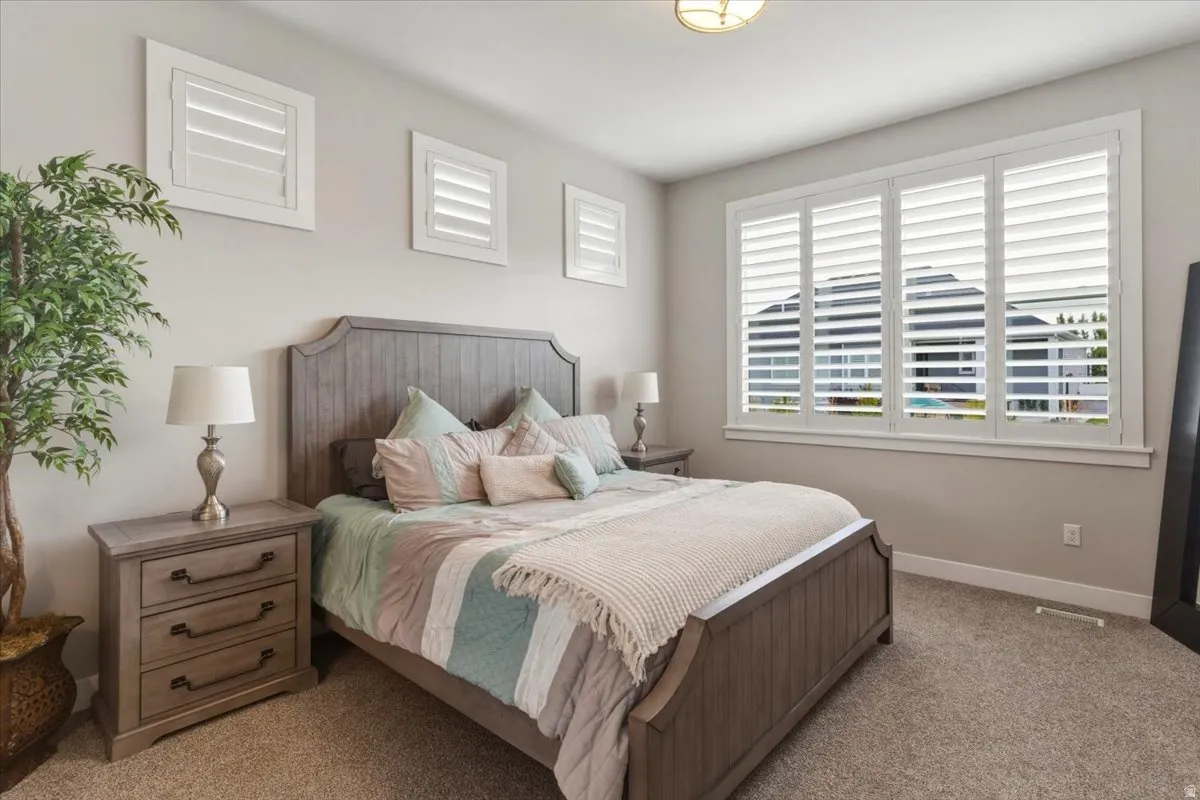 Large window with white plantation shutters, ceiling-mounted light fixture, and neutral carpeting