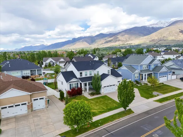 Residential neighborhood with a prominent mountain backdrop