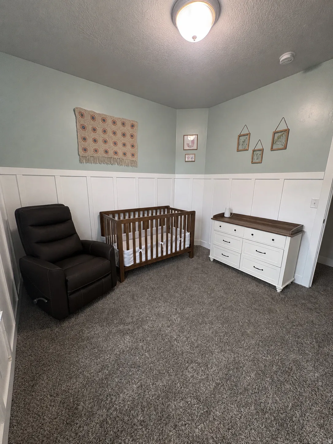 Wall paneling, light-colored walls, ceiling-mounted light fixture, and plush carpet flooring