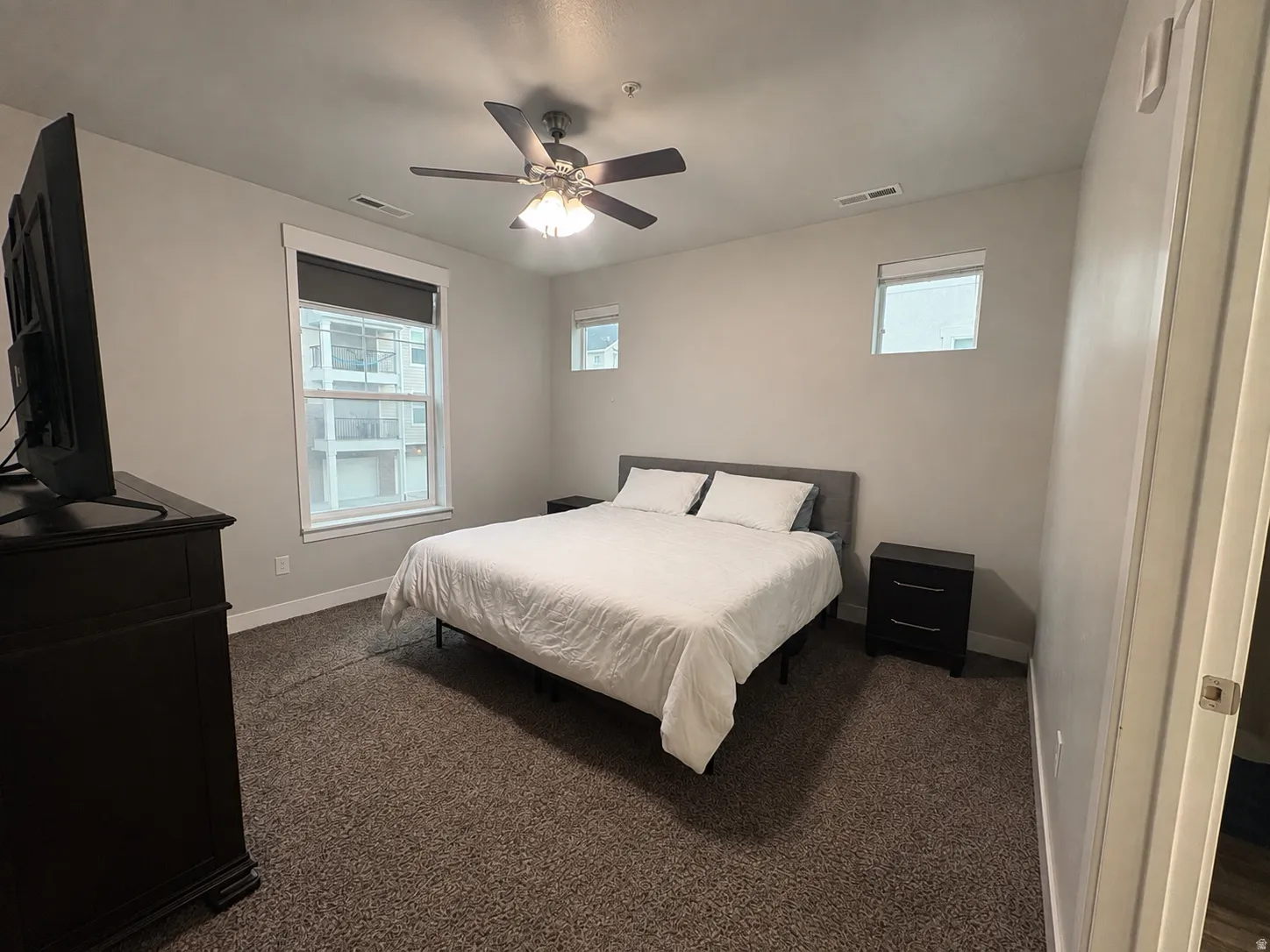 Plush carpet flooring, neutral paint palette, ceiling fan with integrated lighting, and multiple windows with white trim