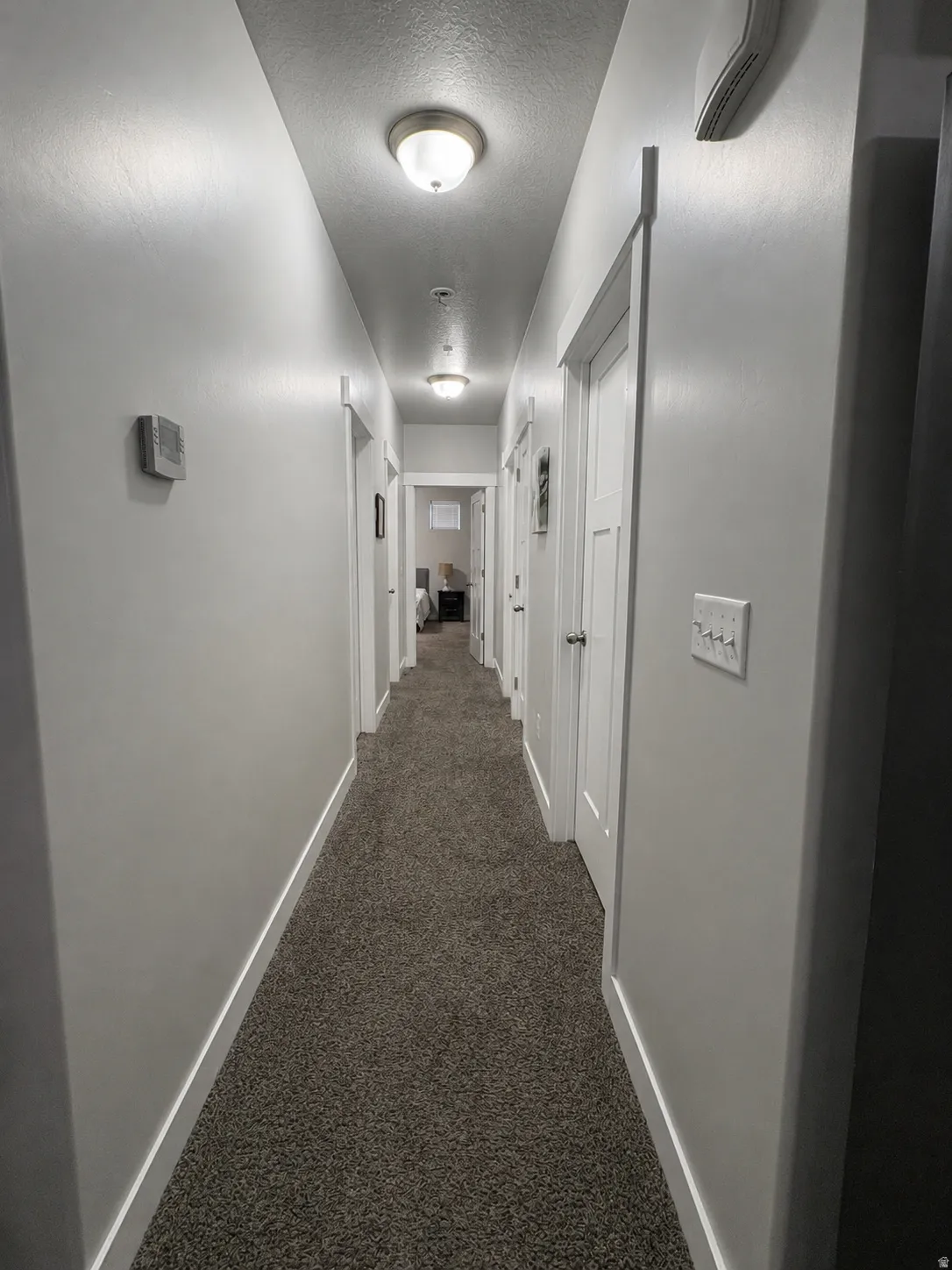 Hallway featuring carpet flooring, recessed lighting, and multiple paneled doors