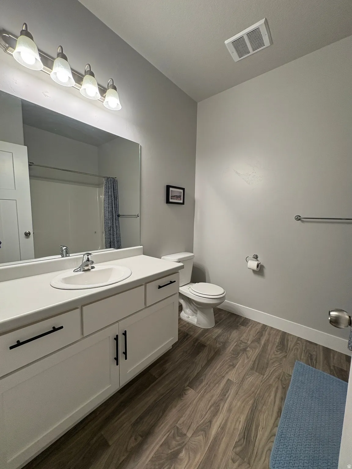 White vanity with a single basin, wood-finish flooring, and a shower with a curtain rod