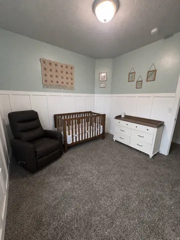 Wall paneling, light-colored walls, ceiling-mounted light fixture, and plush carpet flooring