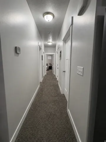 Hallway featuring carpet flooring, recessed lighting, and multiple paneled doors