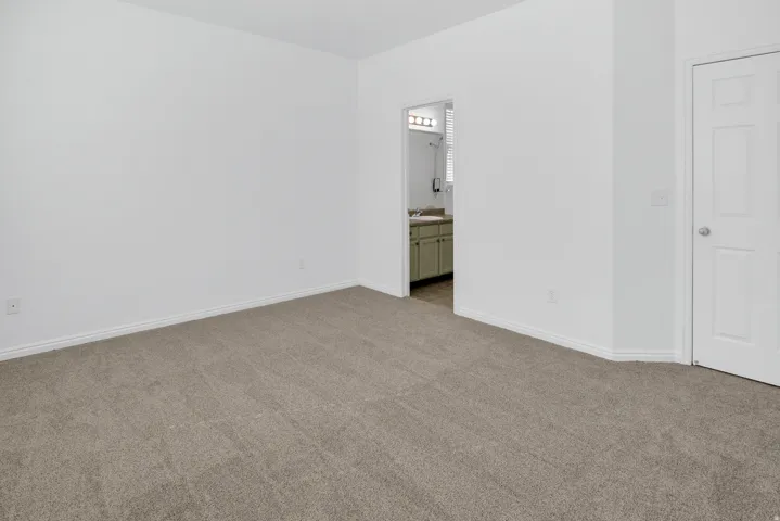 Plush carpeting throughout, neutral wall finishes, and a traditional paneled door