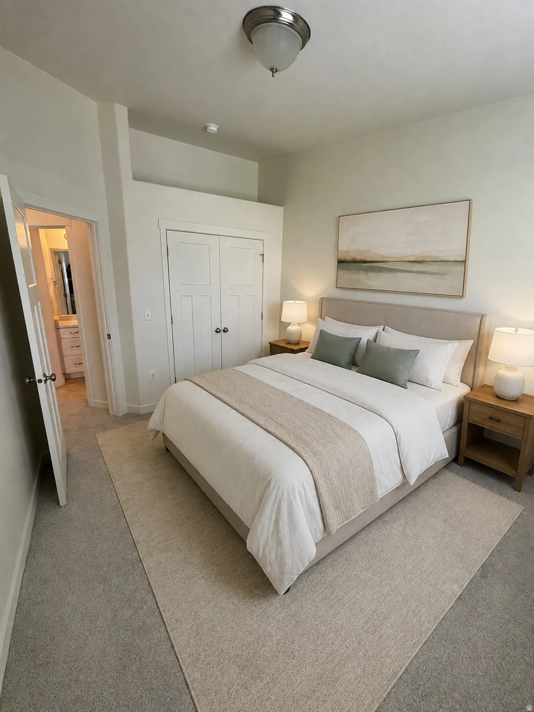 Upstairs bedroom. recessed ceiling light fixture, white paneled double doors, light-colored carpet, and an interior door