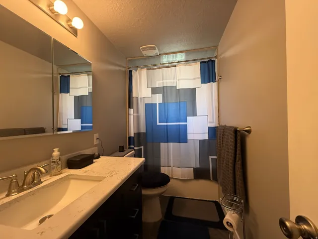 Vanity with integrated sink, dual-bulb vanity light, mirrored medicine cabinet, and a shower/tub combination