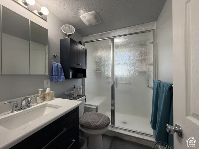Vanity with chrome faucet and white countertop, mirrored medicine cabinet, built-in wall cabinet, and enclosed shower
