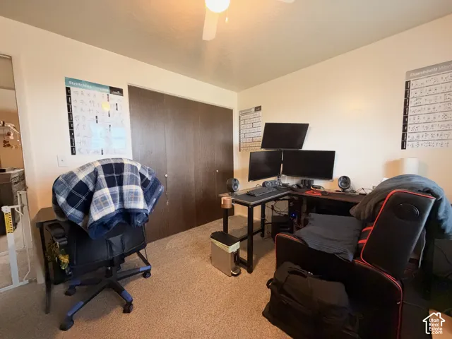 Neutral-toned interior featuring wall-to-wall carpeting, dual-panel closet doors with a wood finish, and a ceiling-mounted light fixture with an integrated fan